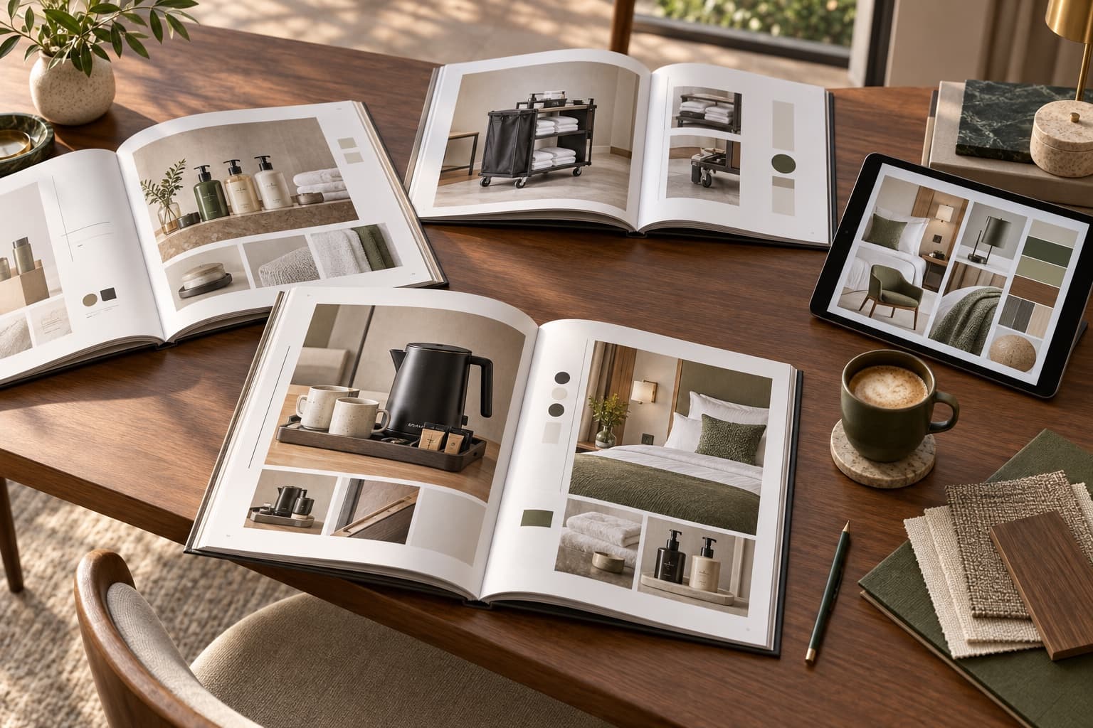 Hospitality catalogues and product specifications arranged for review