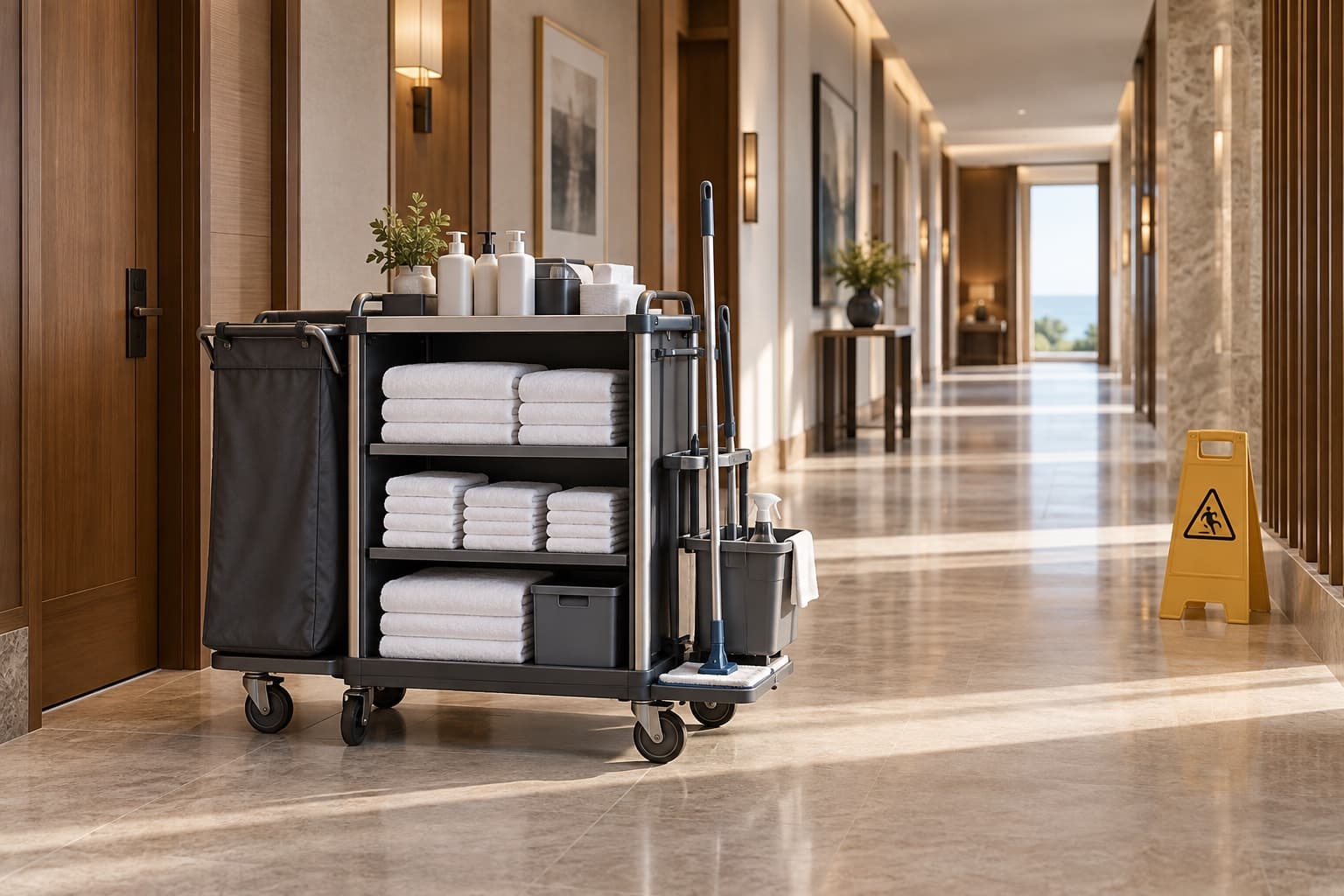 Fully stocked housekeeping cart in a five-star hotel corridor