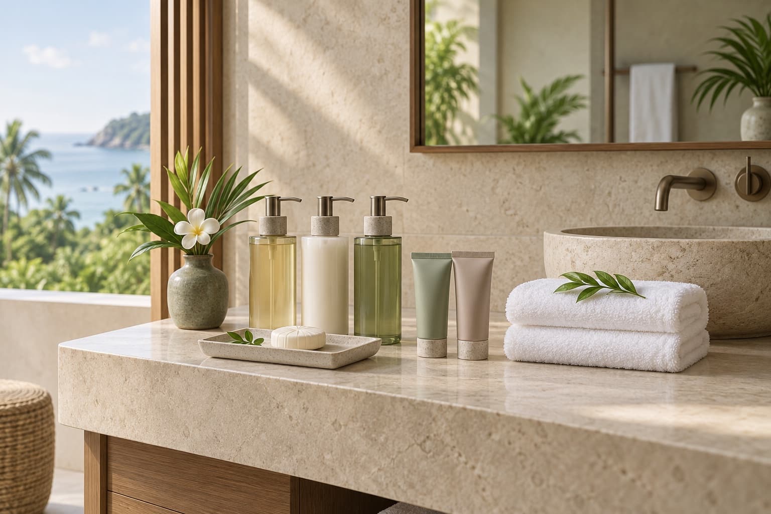 Unbranded hotel bath amenities arranged on a luxury resort vanity