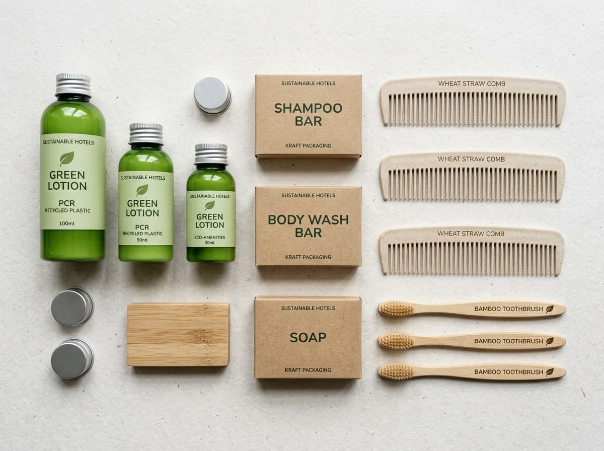 Sustainable packaging solutions including refill dispensers, wheat-straw combs, and kraft packaging