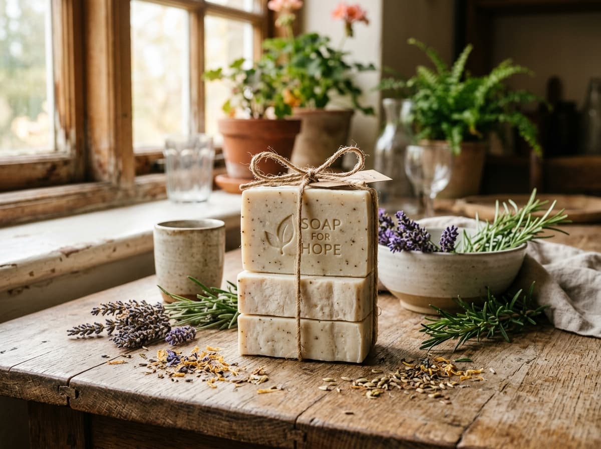 Artisanal sanitized cold-pressed recycled hotel guest soap bars tied with natural twine