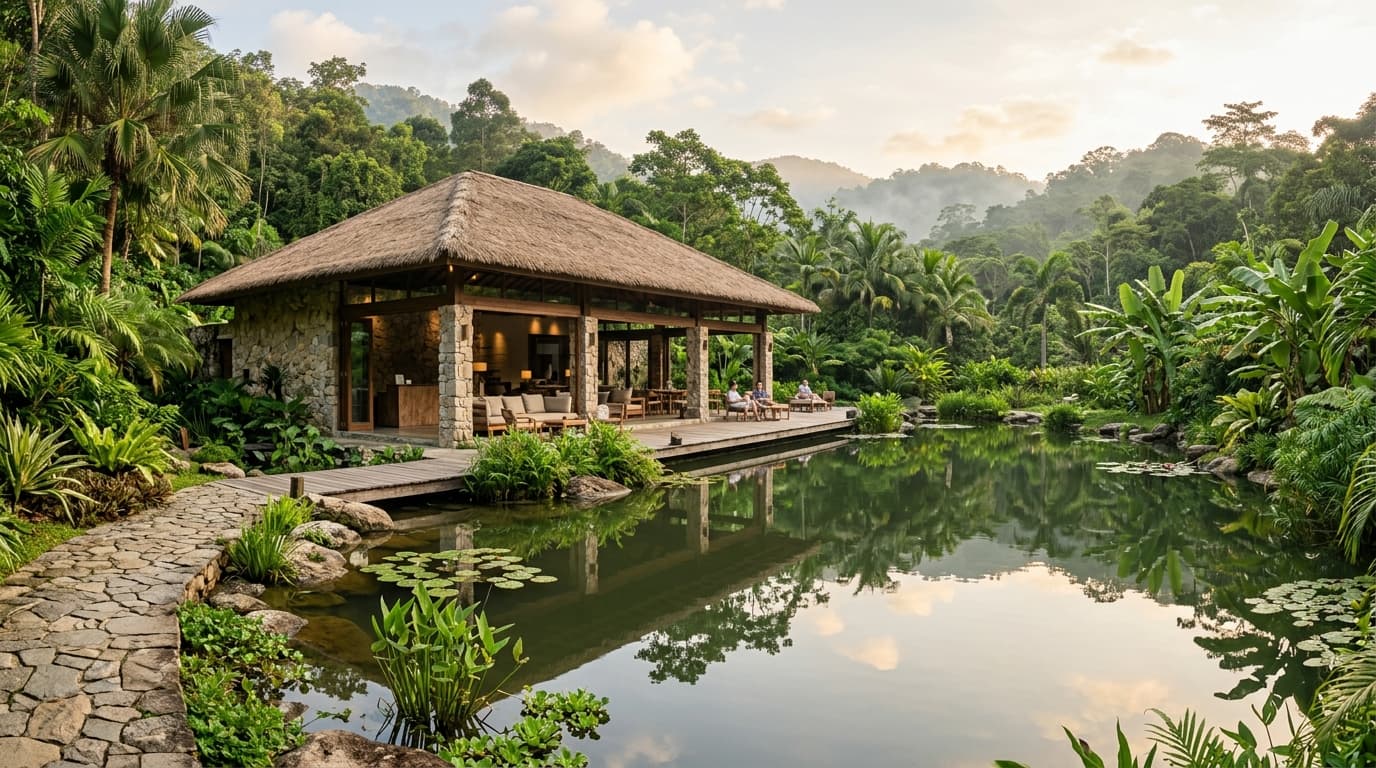 Sustainable luxury eco resort pavilion amidst lush nature