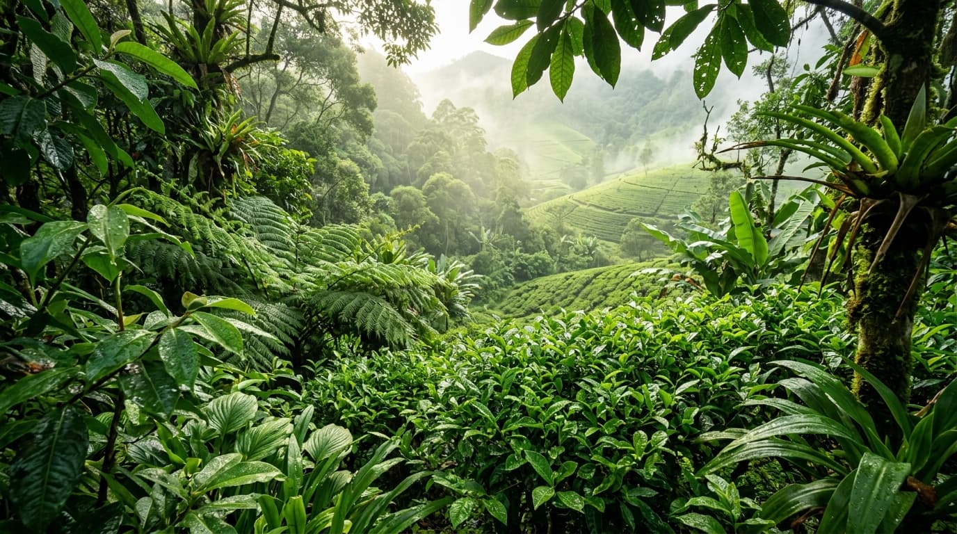 Lush tropical rainforest and Ceylon tea plantation greenery